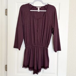 Victoria's Secret Romper Pajama Size L Burgundy Loungewear Ribbed Henley Style